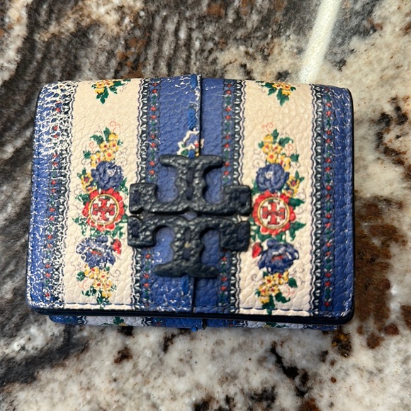 Tory Burch Handbags - Tory Burch Blue and Cream Floral Logo Bifold Wallet